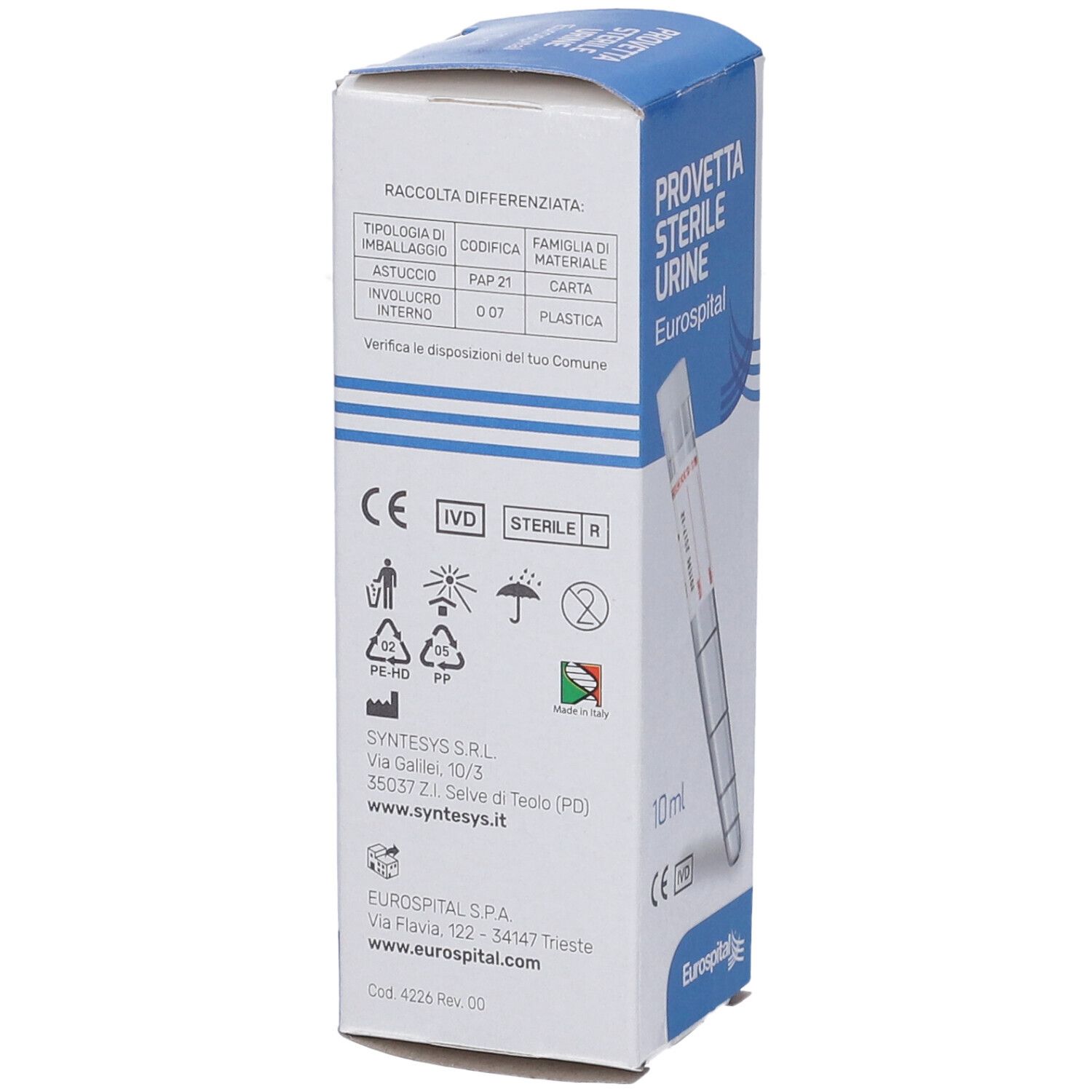 Vista laterale della confezione. Testo: Provetta Sterile Urine, Eurospital. Simboli di riciclaggio, marchio CE, Made in Italy.