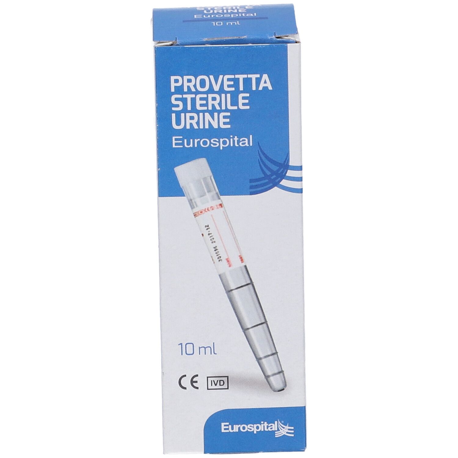 Confezione in cartone Provetta Sterile Urine. Scritta Eurospital, 10 ml, marchio CE. Tubo di prova visibile.