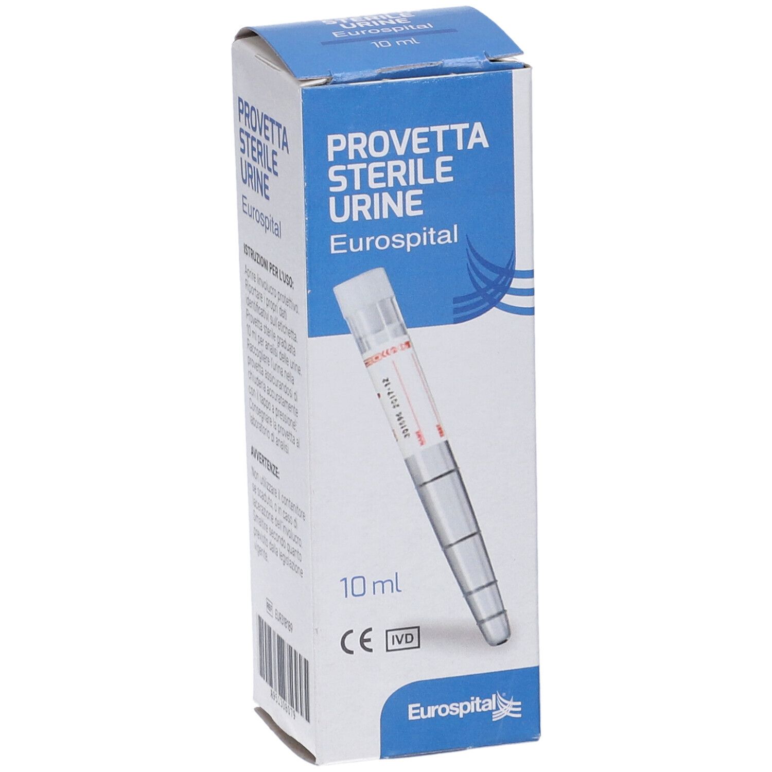 Confezione in cartone Provetta Sterile Urine. Scritta Eurospital, 10 ml, marchio CE. Tubo di prova visibile.