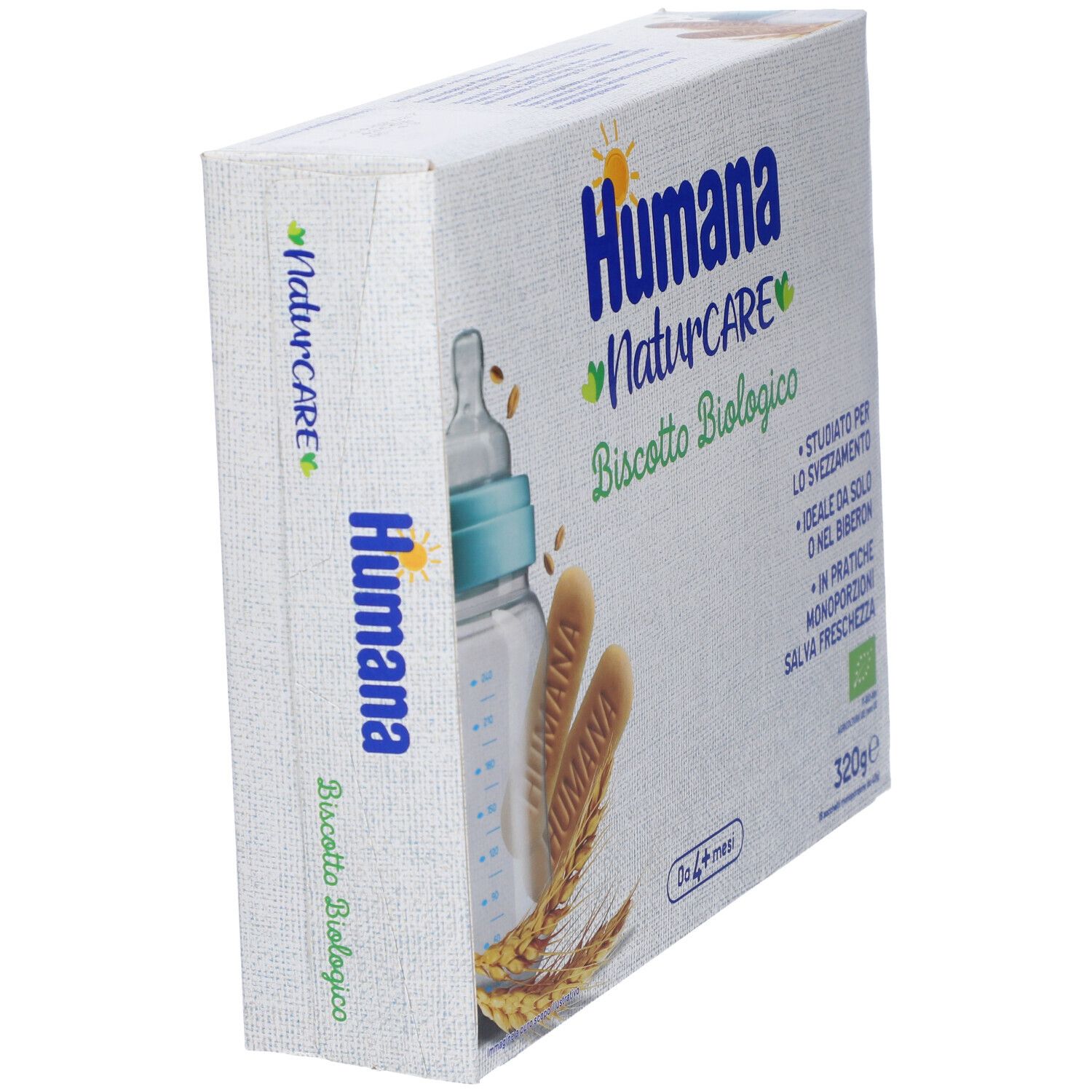 Confezione Humana NaturCARE Biscotto Biologico. Vista laterale. Biscotti, biberon e testo visibili. Certificazione bio. 320g.