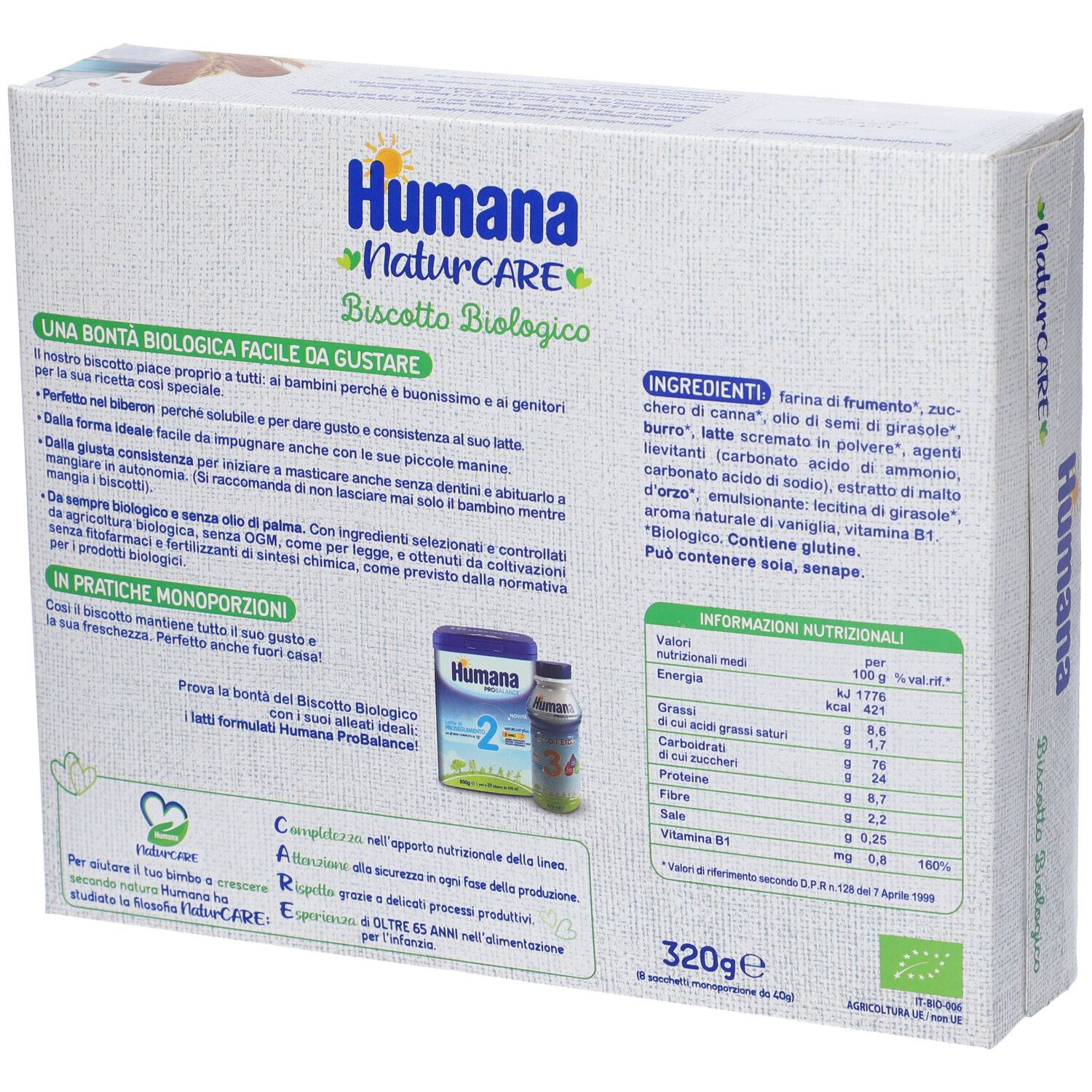Retro della confezione Humana NaturCARE Biscotto Biologico. Elenco ingredienti e informazioni nutrizionali. Certificazione bio. 320g.