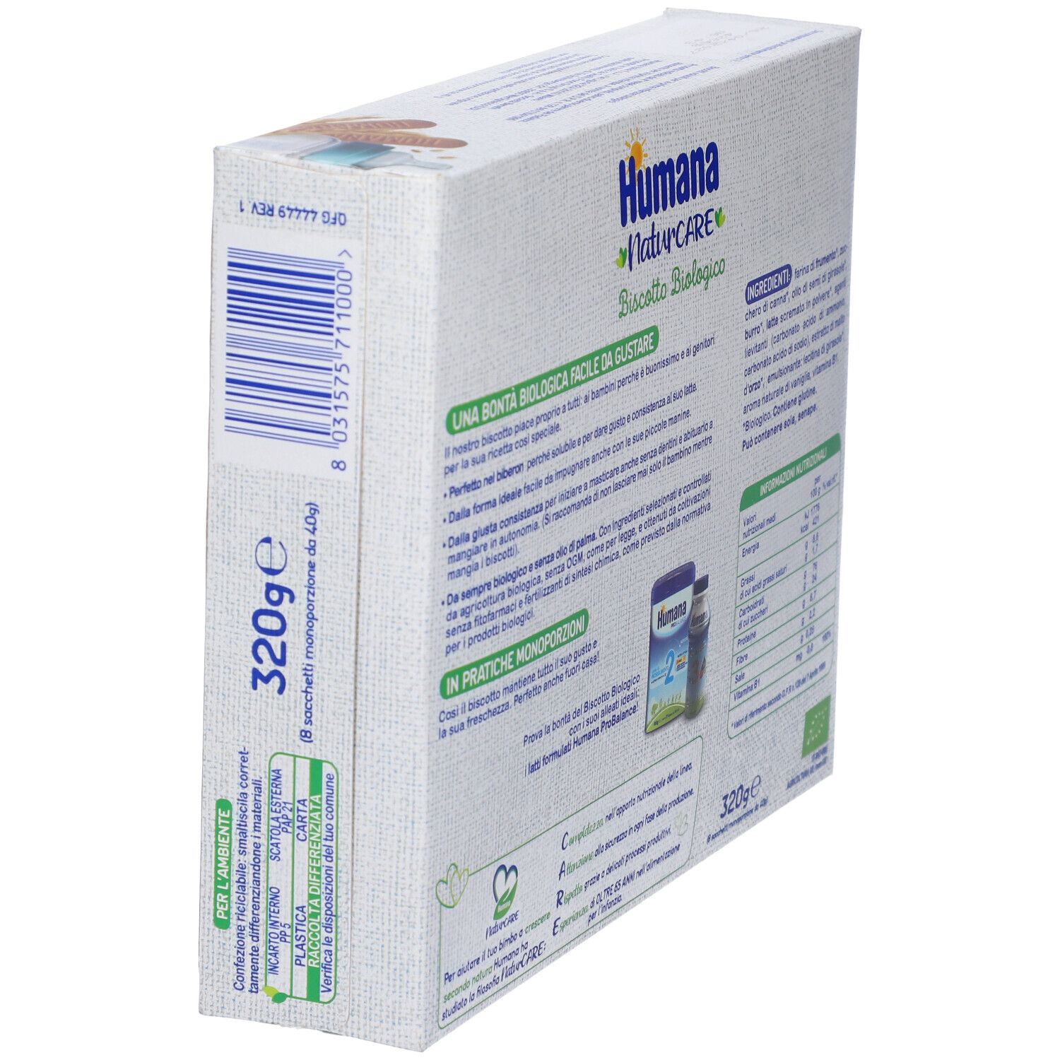 Retro della confezione Humana NaturCARE Biscotto Biologico. Codice a barre e testo. Certificazione bio. 320g.