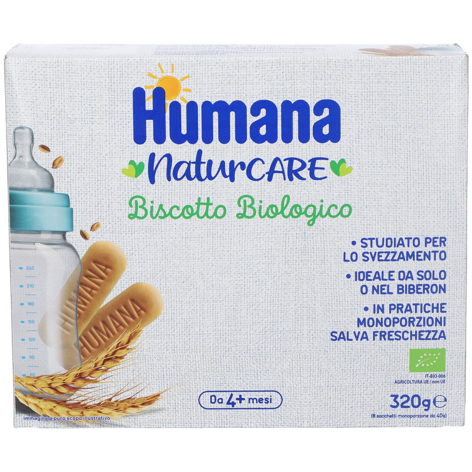 Confezione Humana NaturCARE Biscotto Biologico. Biscotti, biberon e testo visibili. Certificazione bio. 320g.