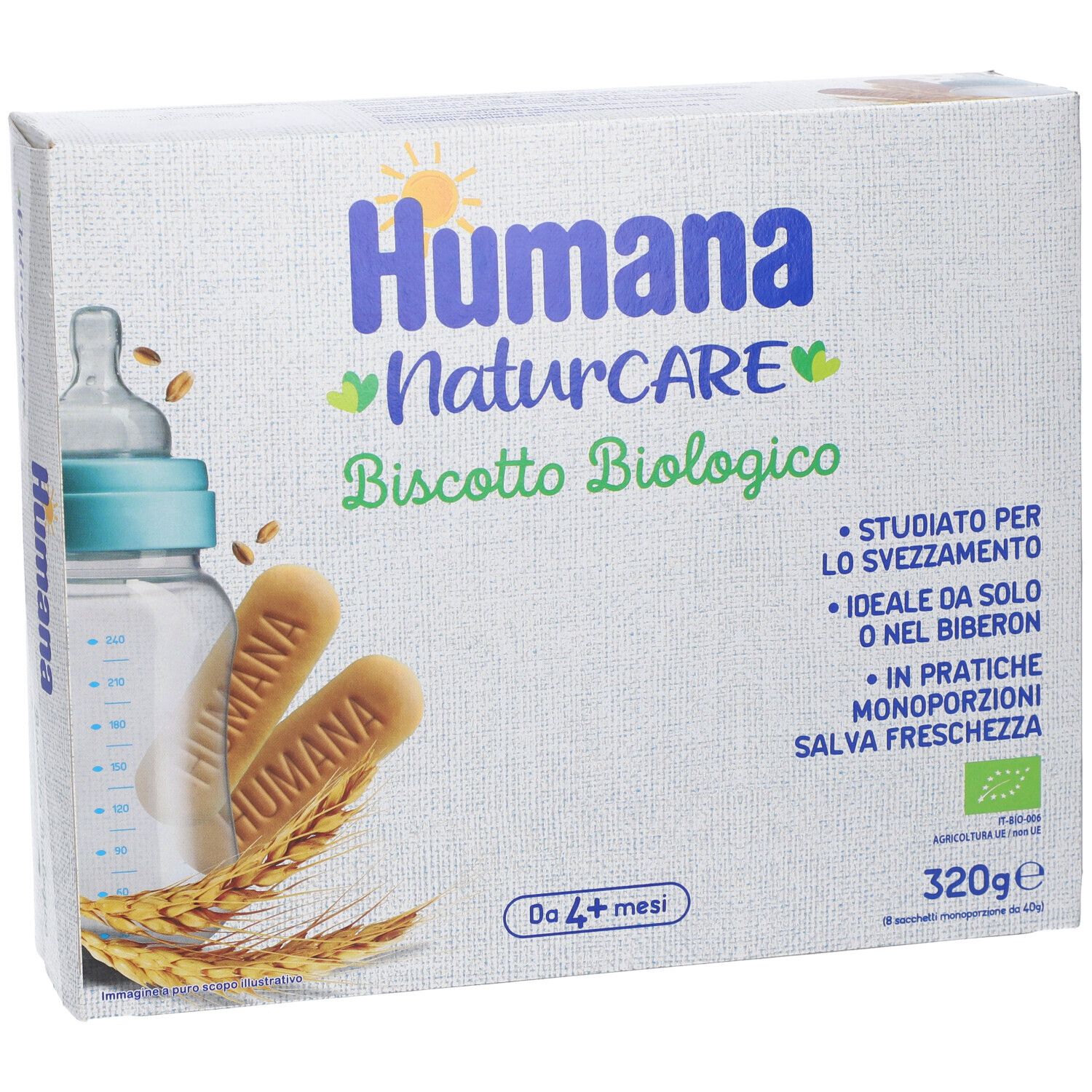 Confezione Humana NaturCARE Biscotto Biologico. Biscotti, biberon e testo visibili. Certificazione bio. 320g.