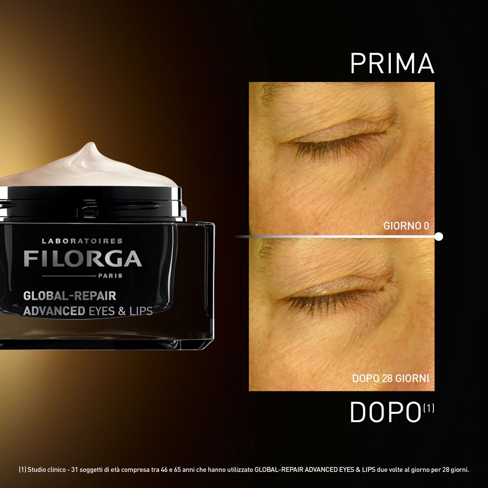 Confronto prima/dopo. Scritta: GLOBAL-REPAIR ADVANCED EYES & LIPS.