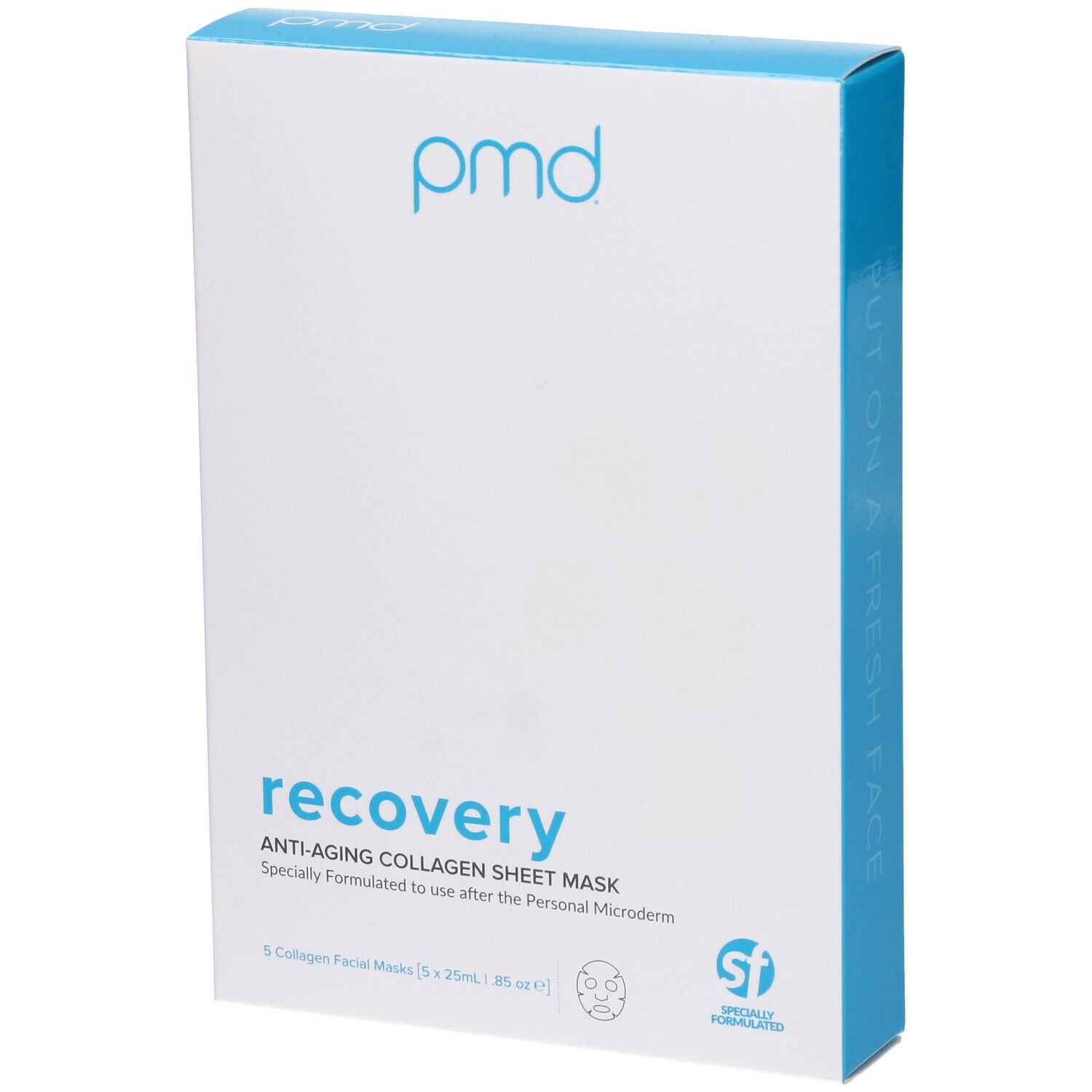 Confezione del prodotto con logo e nome. Contiene 5 maschere per il viso. Colori blu e bianco.