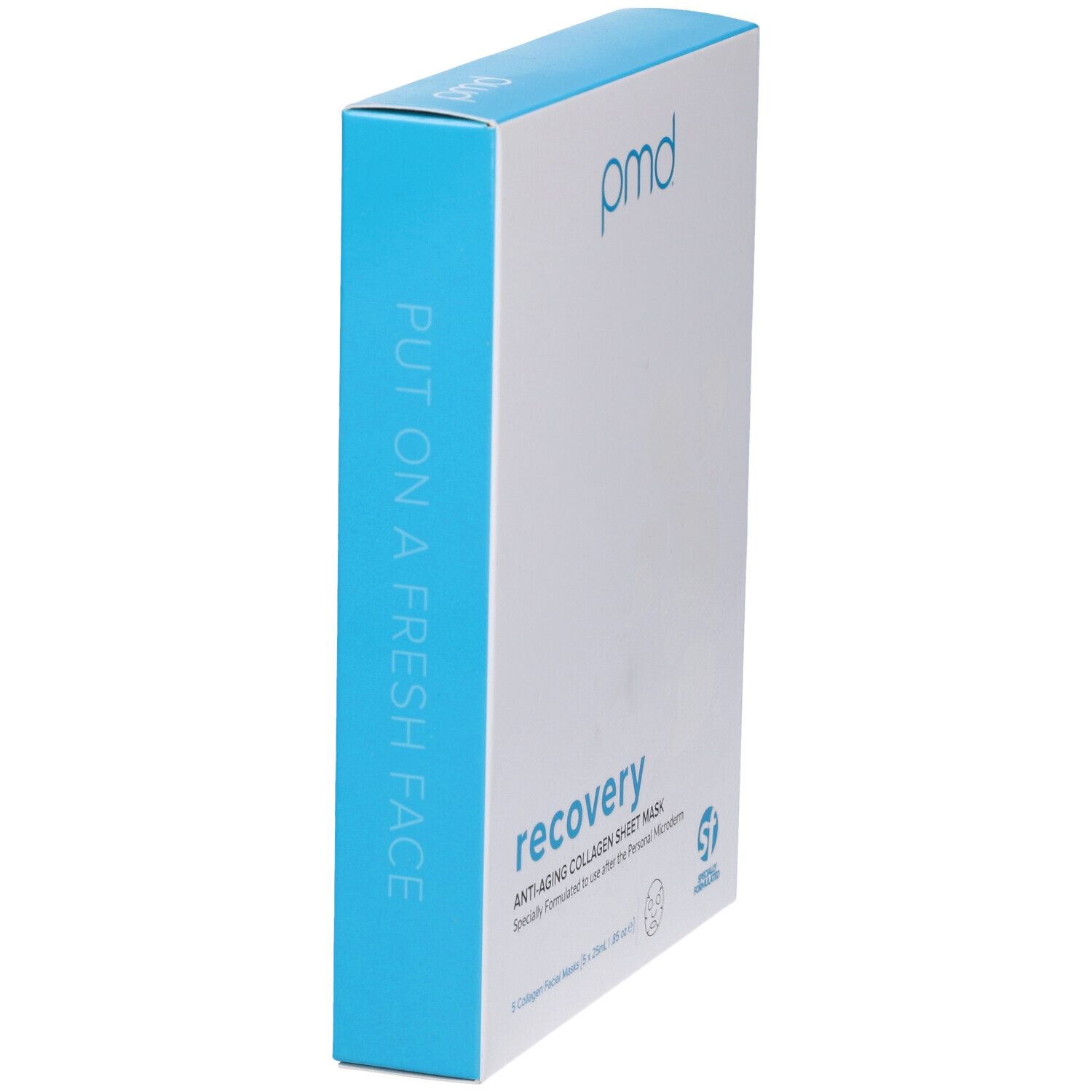 Confezione del prodotto, blu e bianca. Scritta: 'PUT ON A FRESH FACE'. Contiene maschere per il viso.