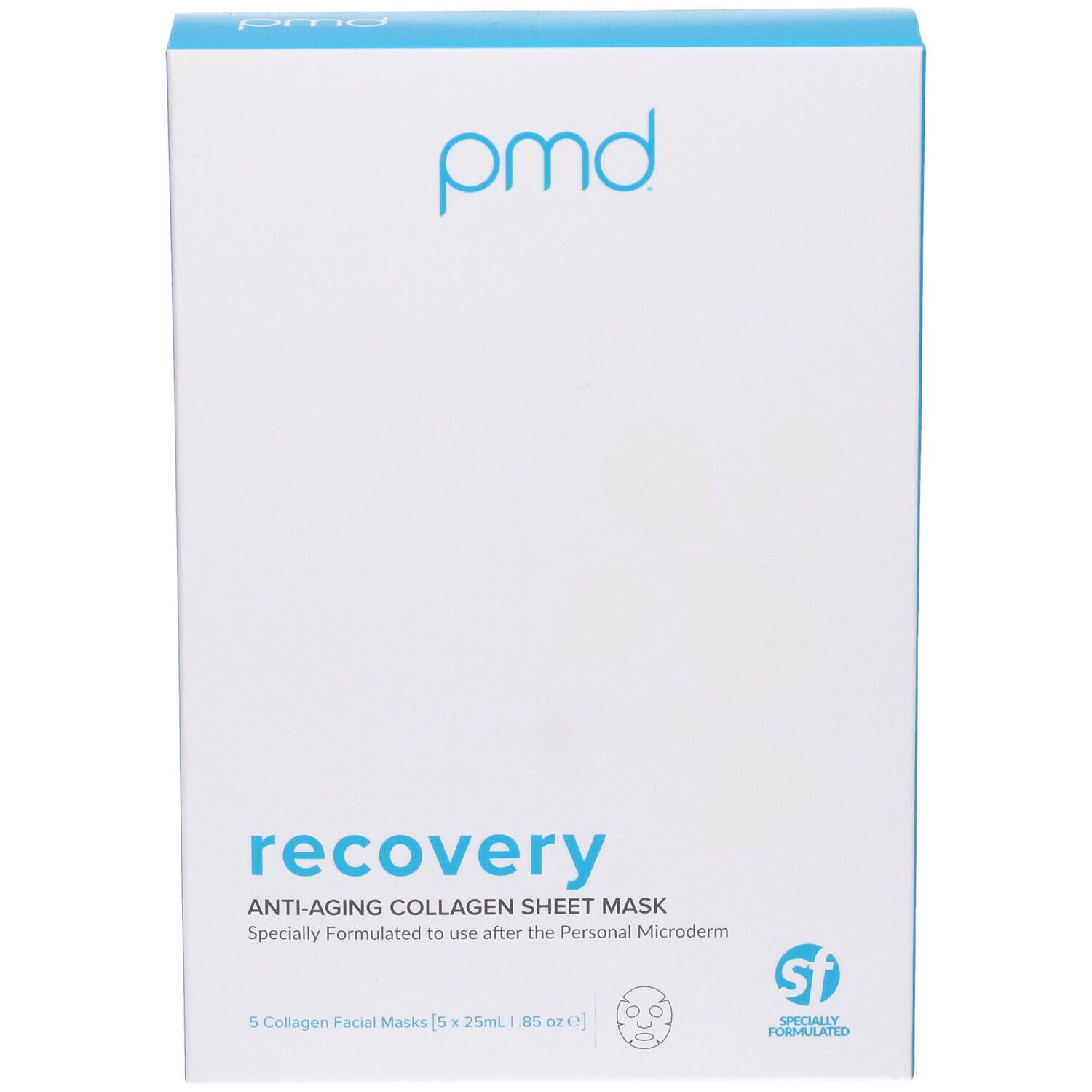 Confezione del prodotto con logo e nome. Contiene 5 maschere per il viso. Colori blu e bianco.