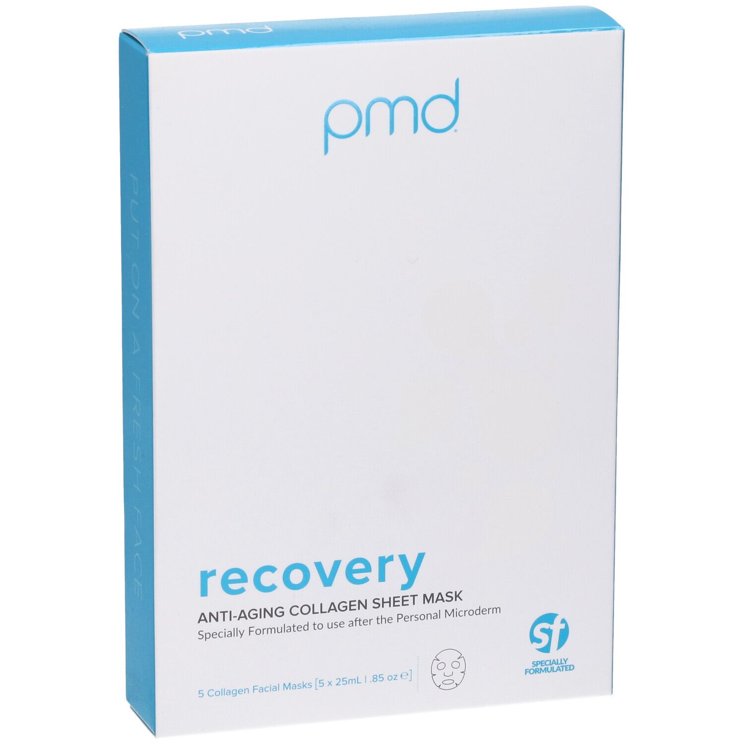 Confezione del prodotto con logo e nome. Contiene 5 maschere per il viso. Colori blu e bianco.