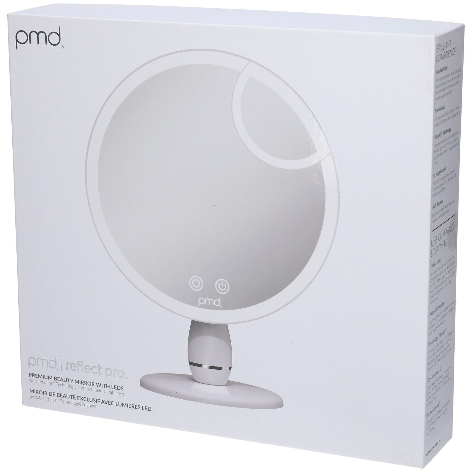 Confezione dello specchio cosmetico. Scatola bianca con immagine del prodotto. Marchio: pmd. Testo: 'reflect pro'.