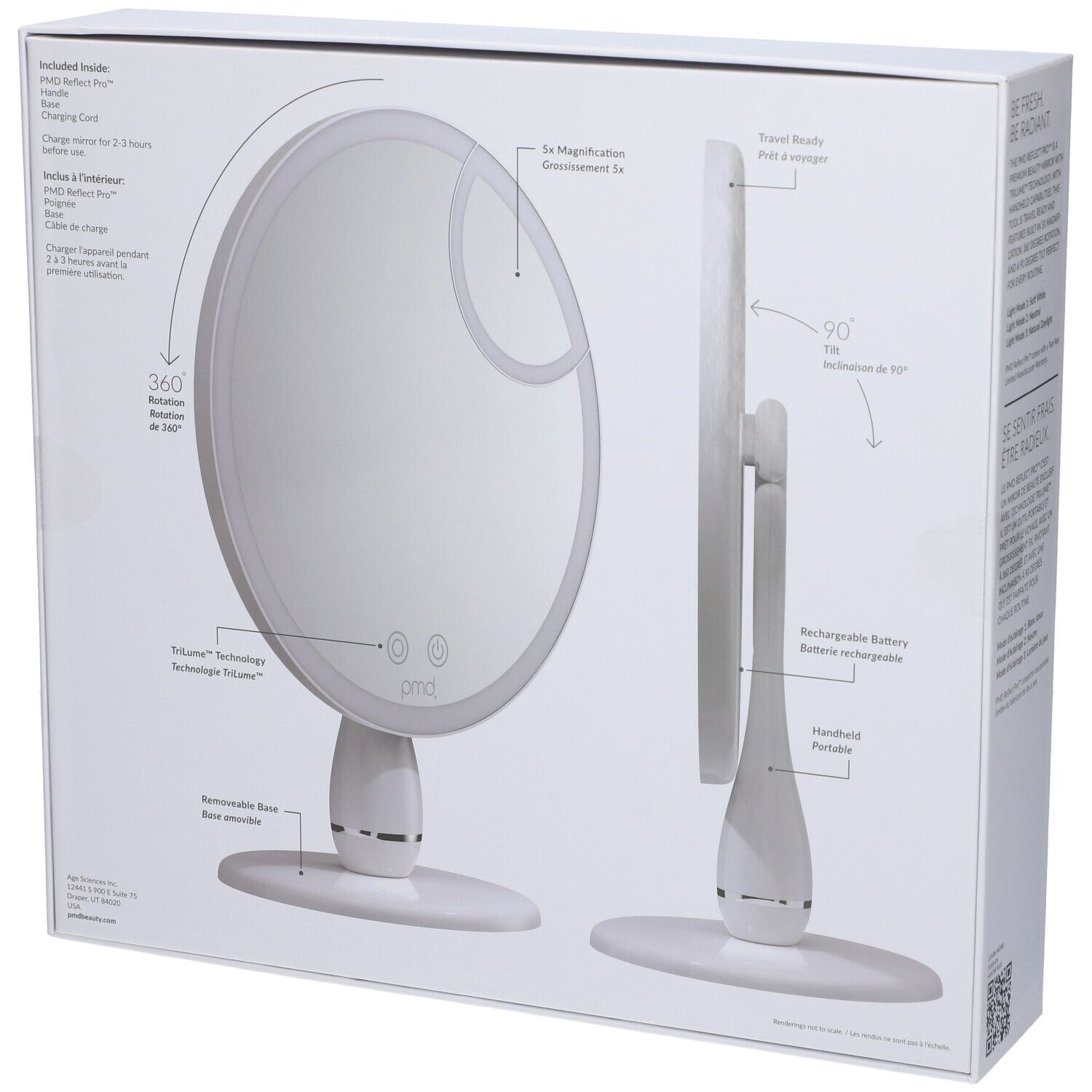 Retro della confezione dello specchio cosmetico. Immagine del prodotto con annotazioni. Marchio: pmd.