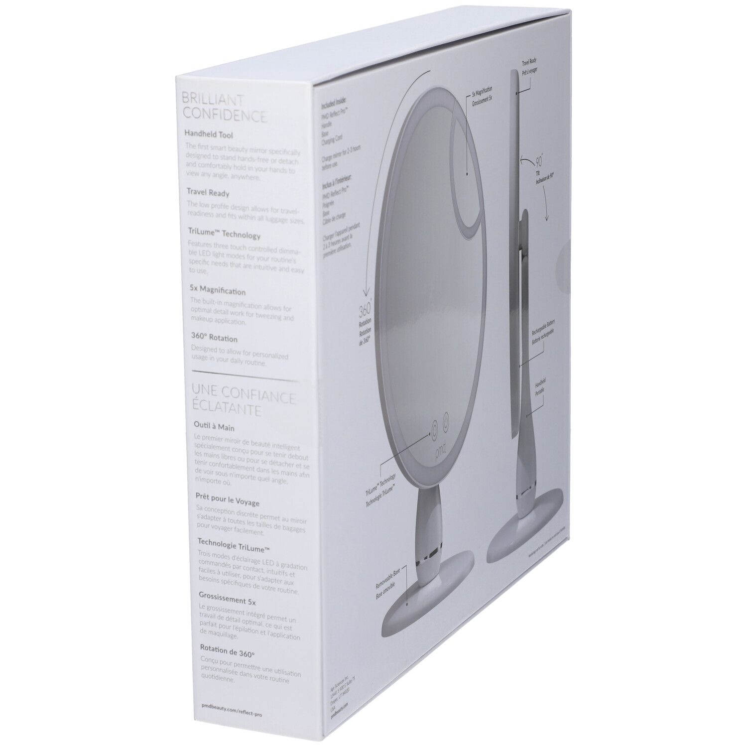 Confezione dello specchio cosmetico. Immagine del prodotto con annotazioni. Marchio: pmd.