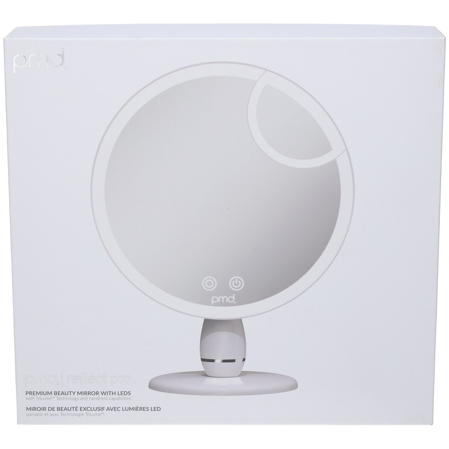 Confezione dello specchio cosmetico. Scatola bianca con immagine del prodotto. Marchio: pmd. Testo: 'reflect pro'.