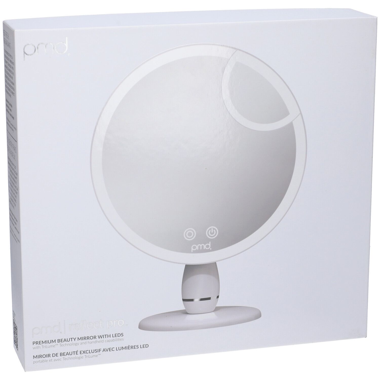 Confezione dello specchio cosmetico. Scatola bianca con immagine del prodotto. Marchio: pmd. Testo: 'reflect pro'.