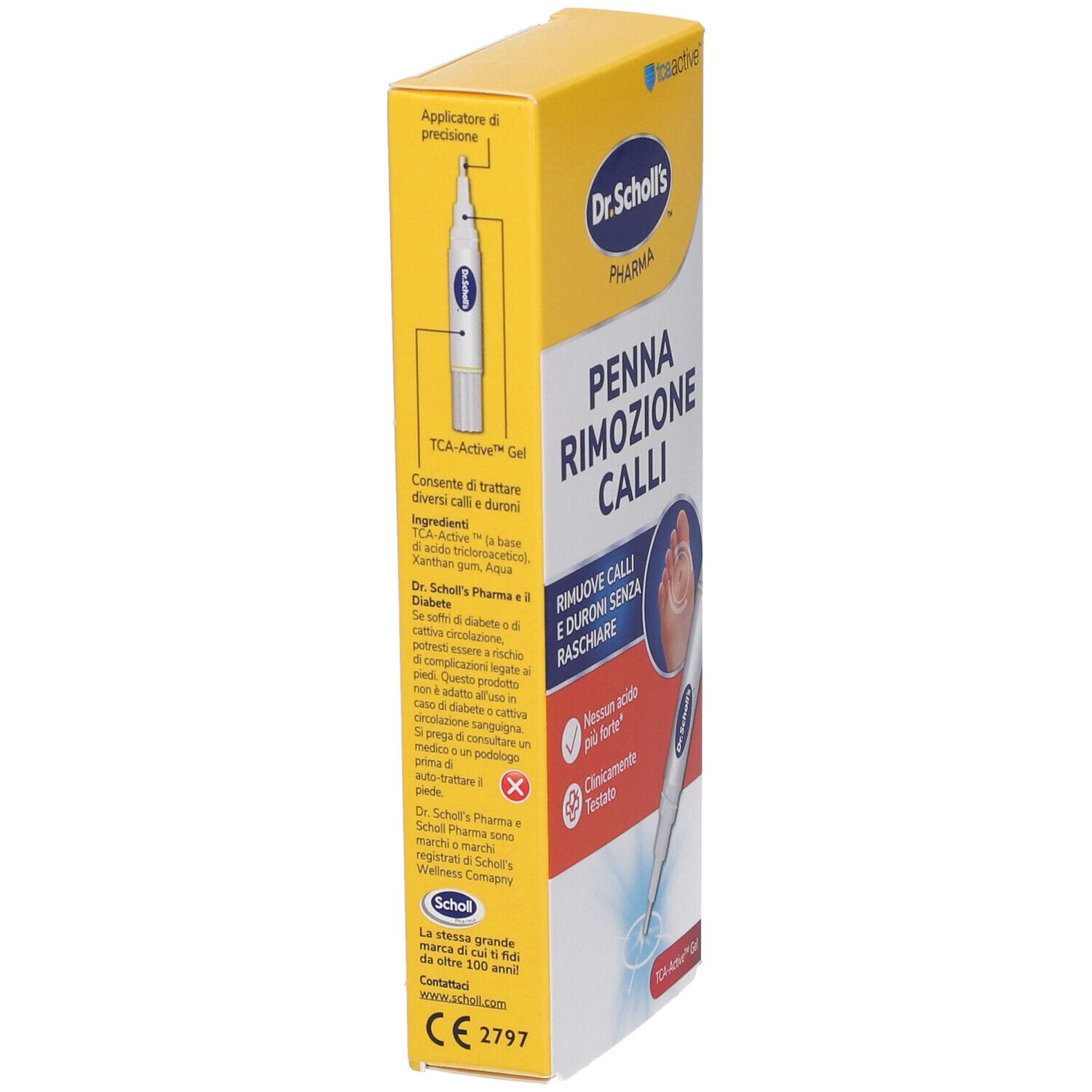 Vista laterale Dr. Scholl's Penna Rimozione Calli con istruzioni