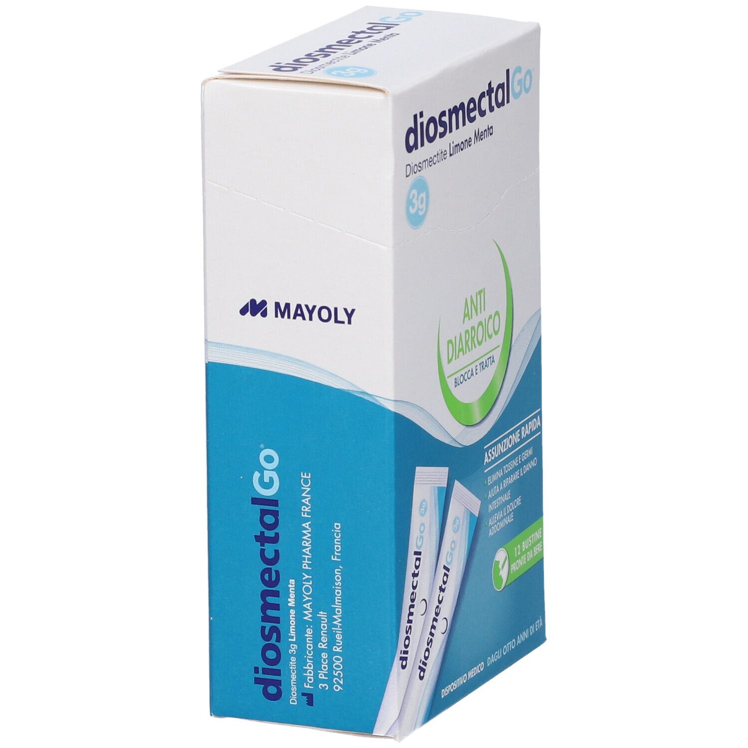 Confezione DiosmectalGo. Scritta: Diosmectite Limone Menta. Marchio Mayoly. Bustine singole visibili.