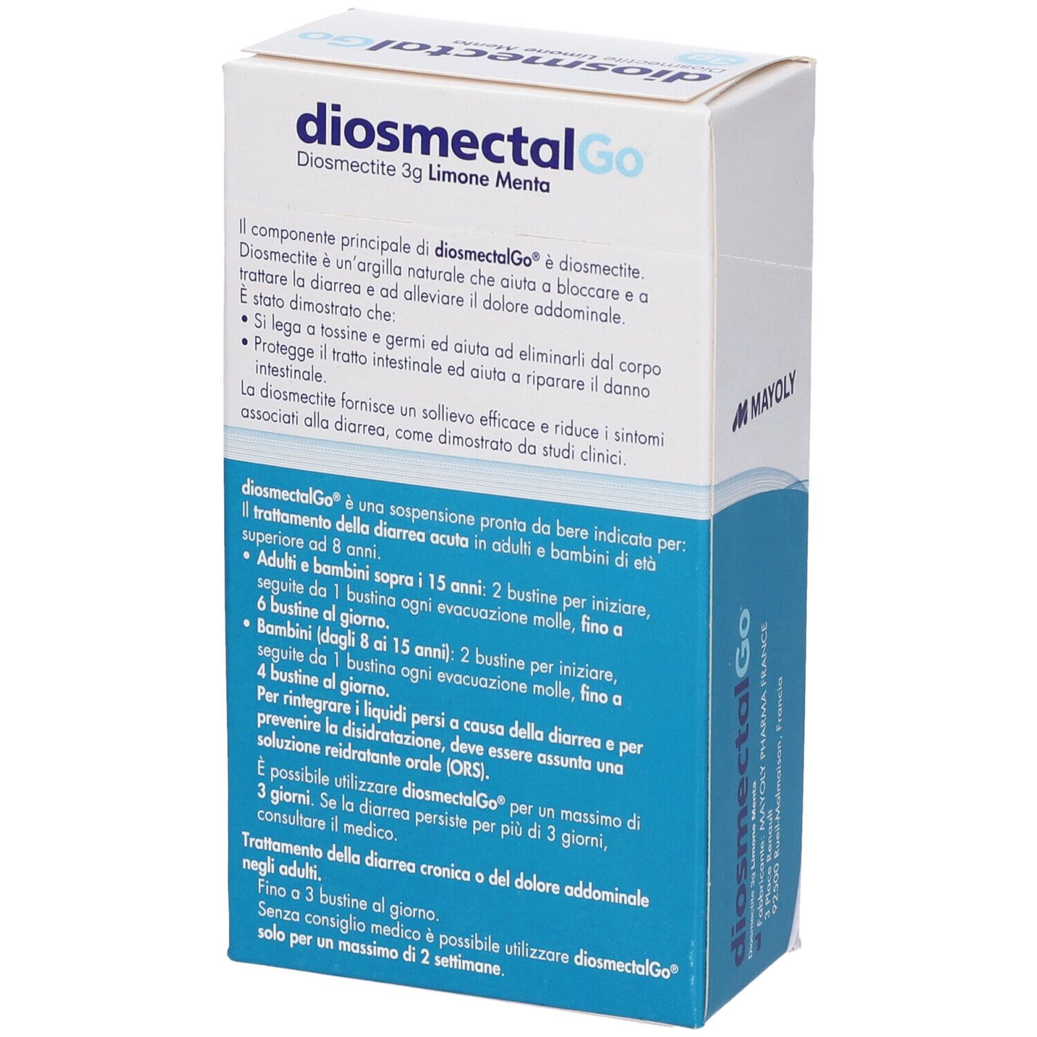 Retro della confezione DiosmectalGo. Testo sugli ingredienti e l'uso. Marchio Mayoly.
