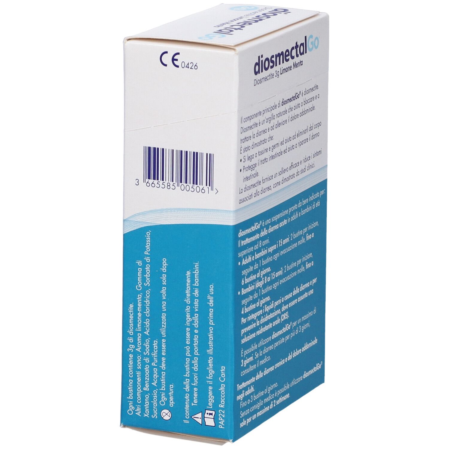 Lato della confezione DiosmectalGo. Testo sugli ingredienti e l'uso. Marchio CE.
