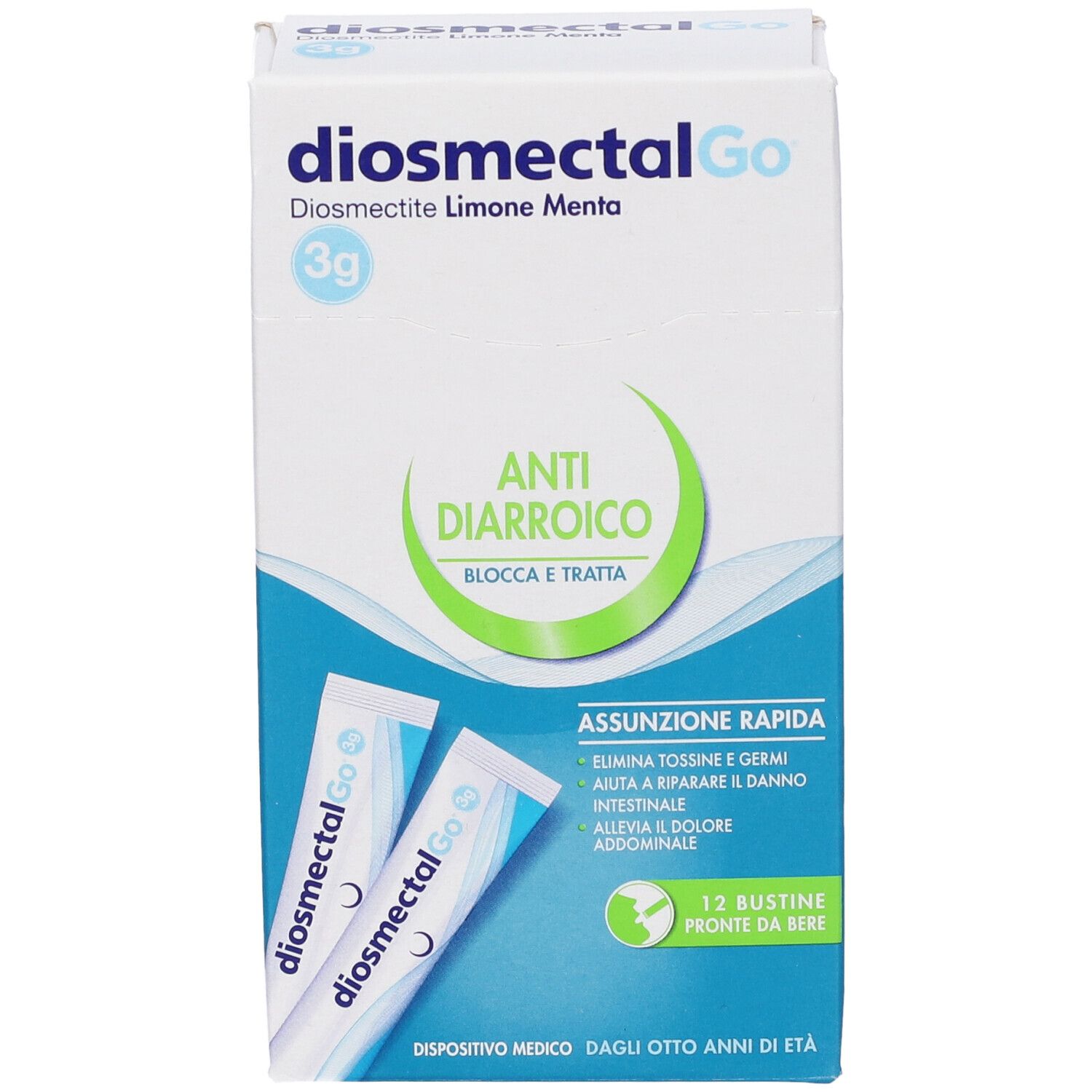 Confezione DiosmectalGo. Scritta: Anti-Diarrhoico. 12 bustine. Bustine singole visibili.