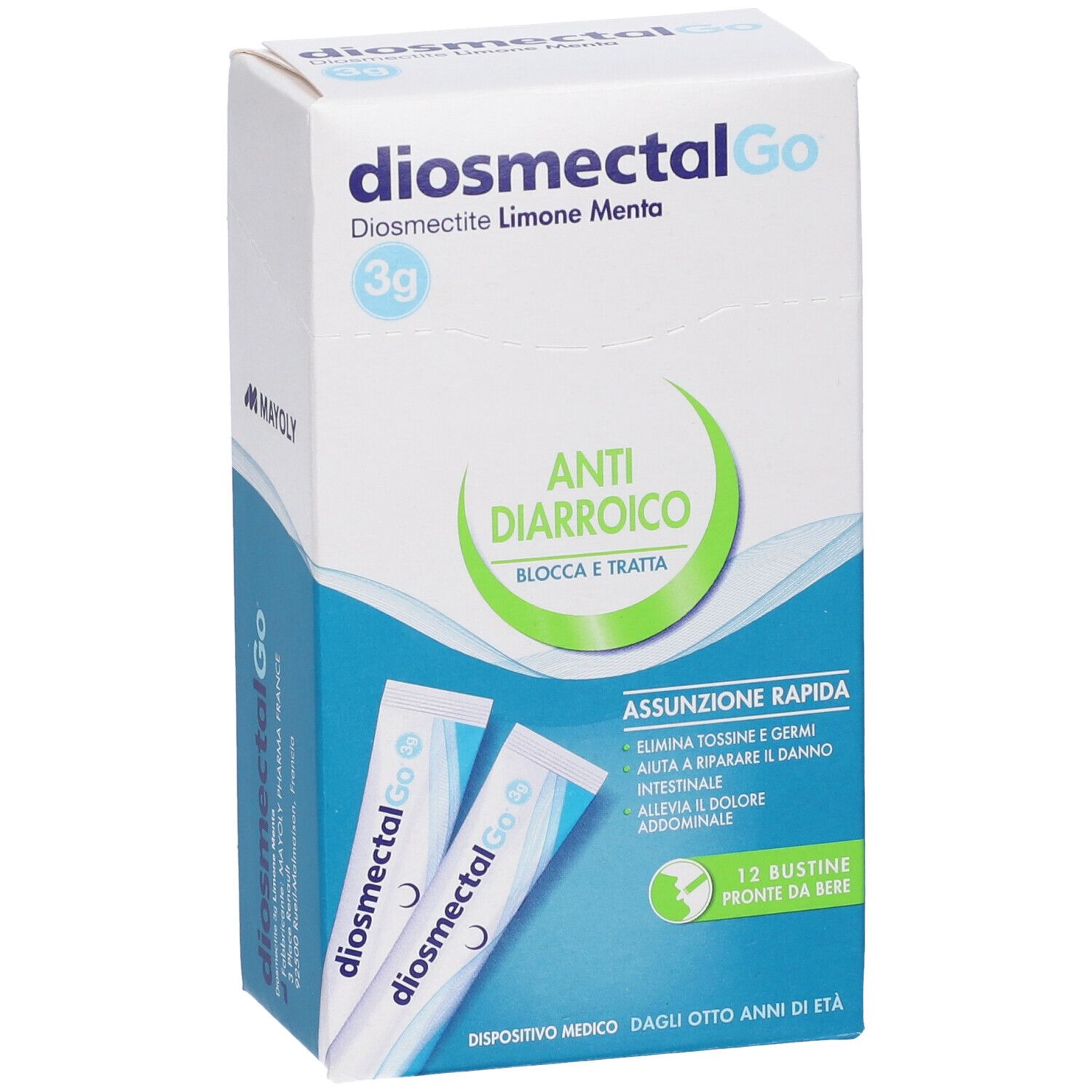 Confezione DiosmectalGo. Scritta: Anti-Diarrhoico. 12 bustine. Bustine singole visibili.