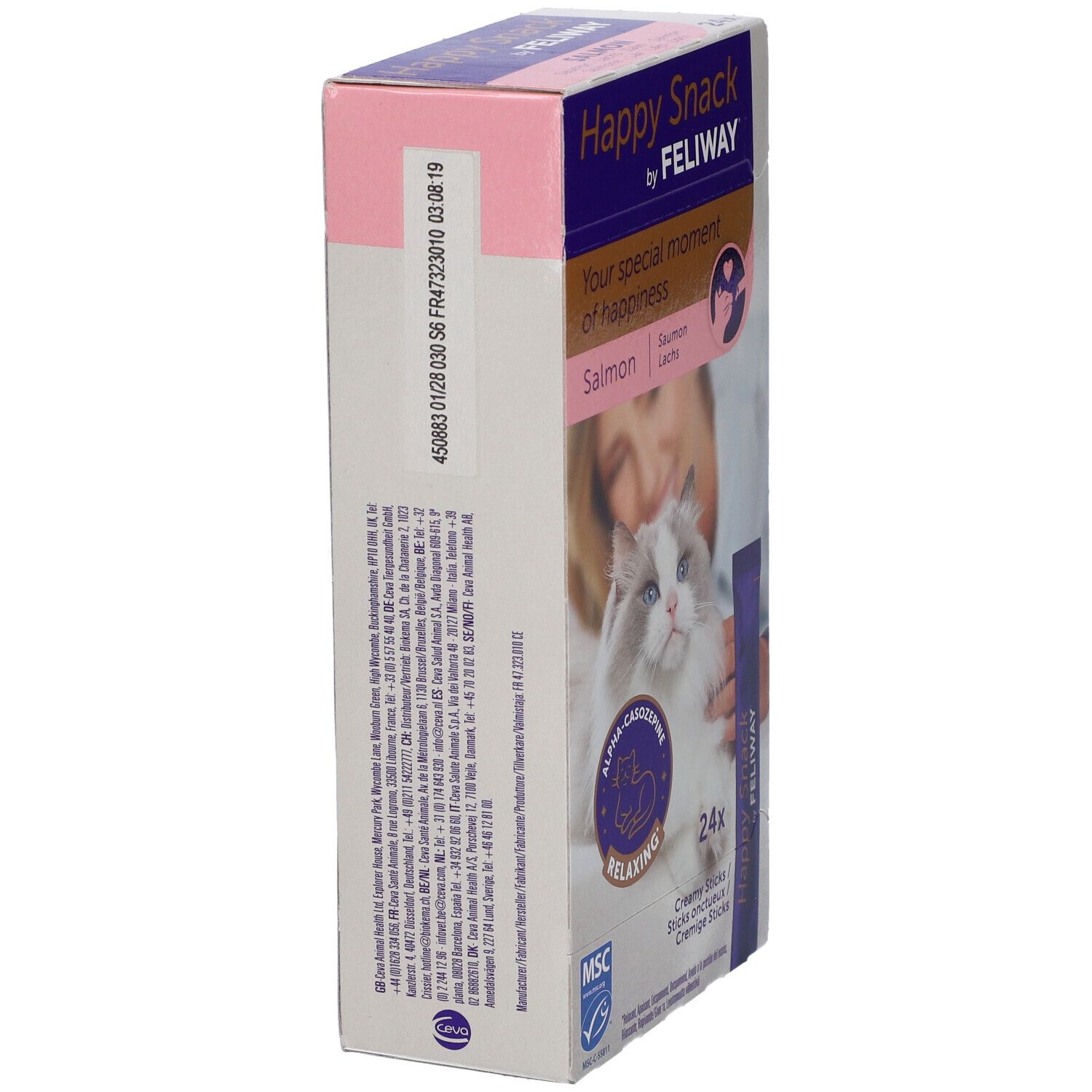Vista laterale della confezione FELIWAY Happy Snack. Testo e informazioni stampate. Tonalità rosa e blu.