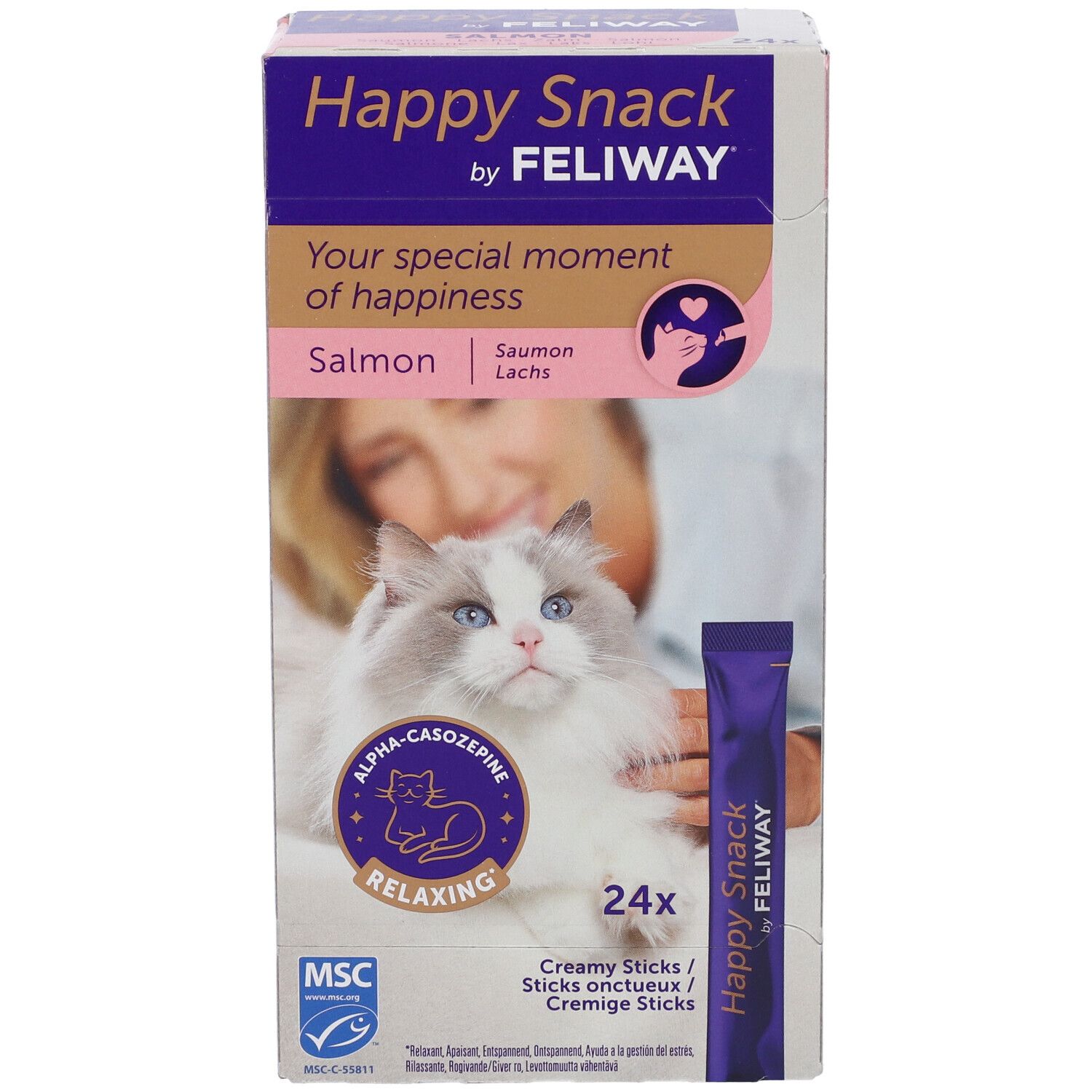 Scatola FELIWAY Happy Snack. Scritto: Salmone, 24 stick cremosi. Immagine di gatto. Confezione singola.