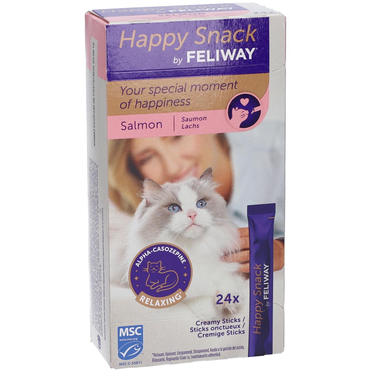 Scatola FELIWAY Happy Snack. Scritto: Salmone, 24 stick cremosi. Immagine di gatto. Confezione singola.