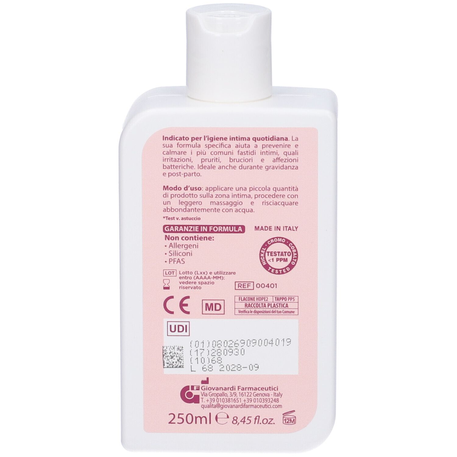 Retro del flacone rosa. Informazioni testuali, ingredienti, numero di lotto, marcatura CE.