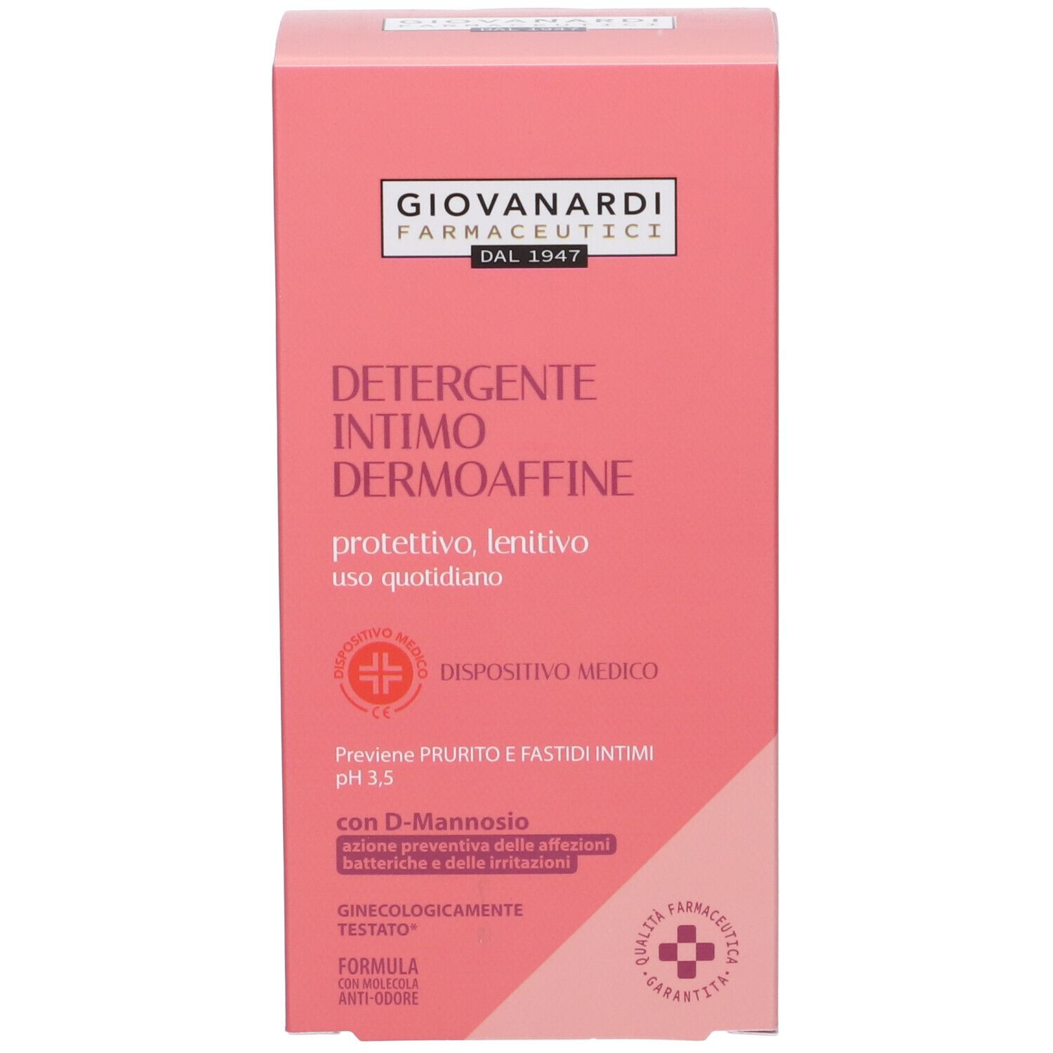 Confezione rosa. Nome del prodotto e logo. Dispositivo medico. Informazioni testuali.