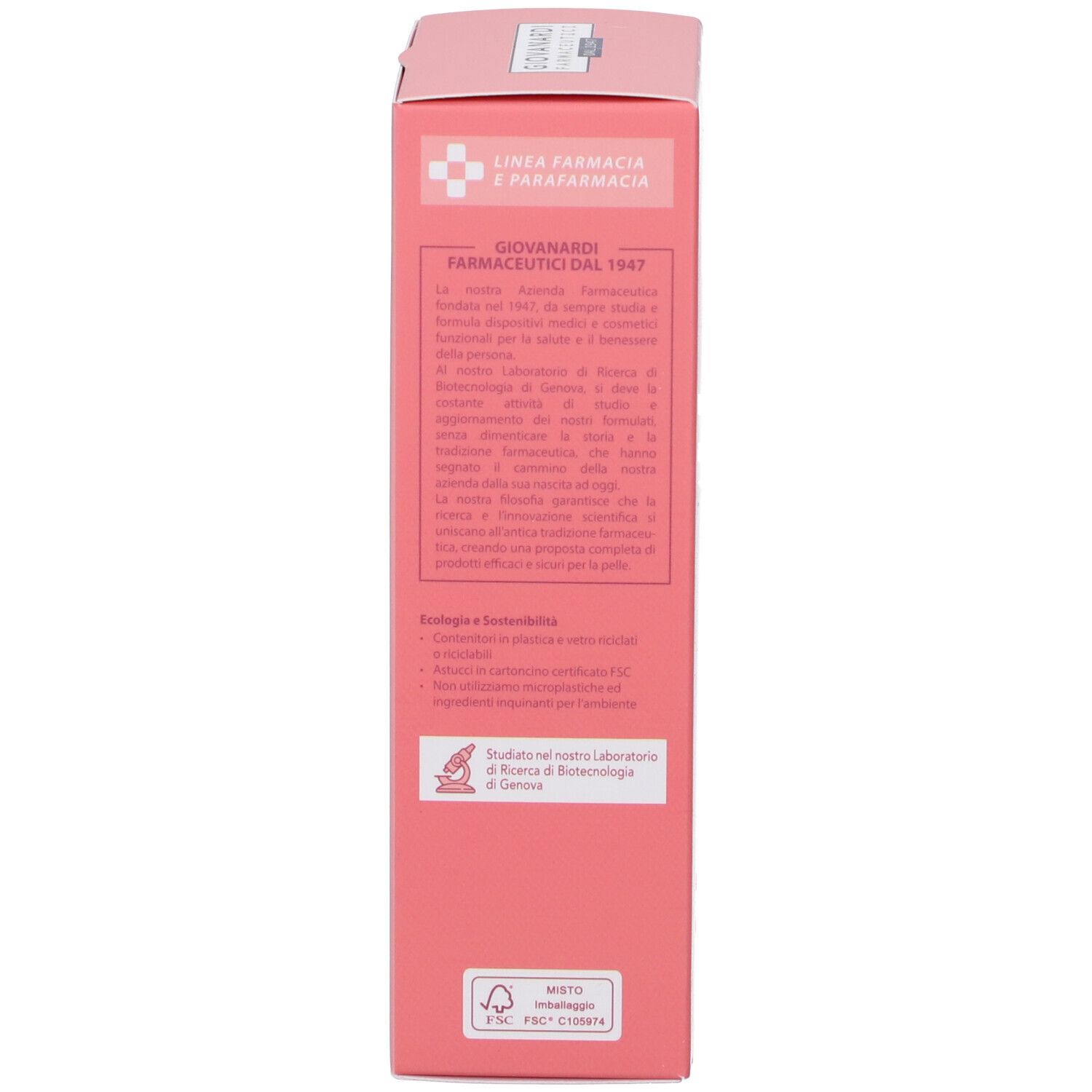 Lato della confezione rosa. Informazioni testuali, logo, certificazione.