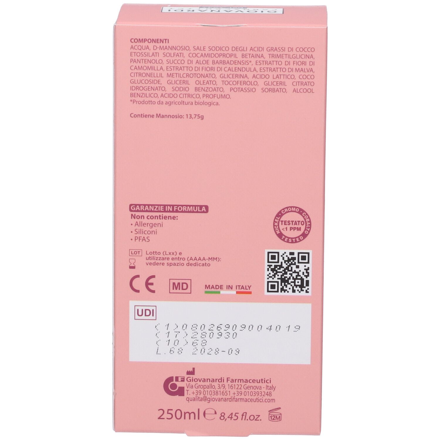 Retro della confezione rosa. Ingredienti, numero di lotto, marcatura CE.