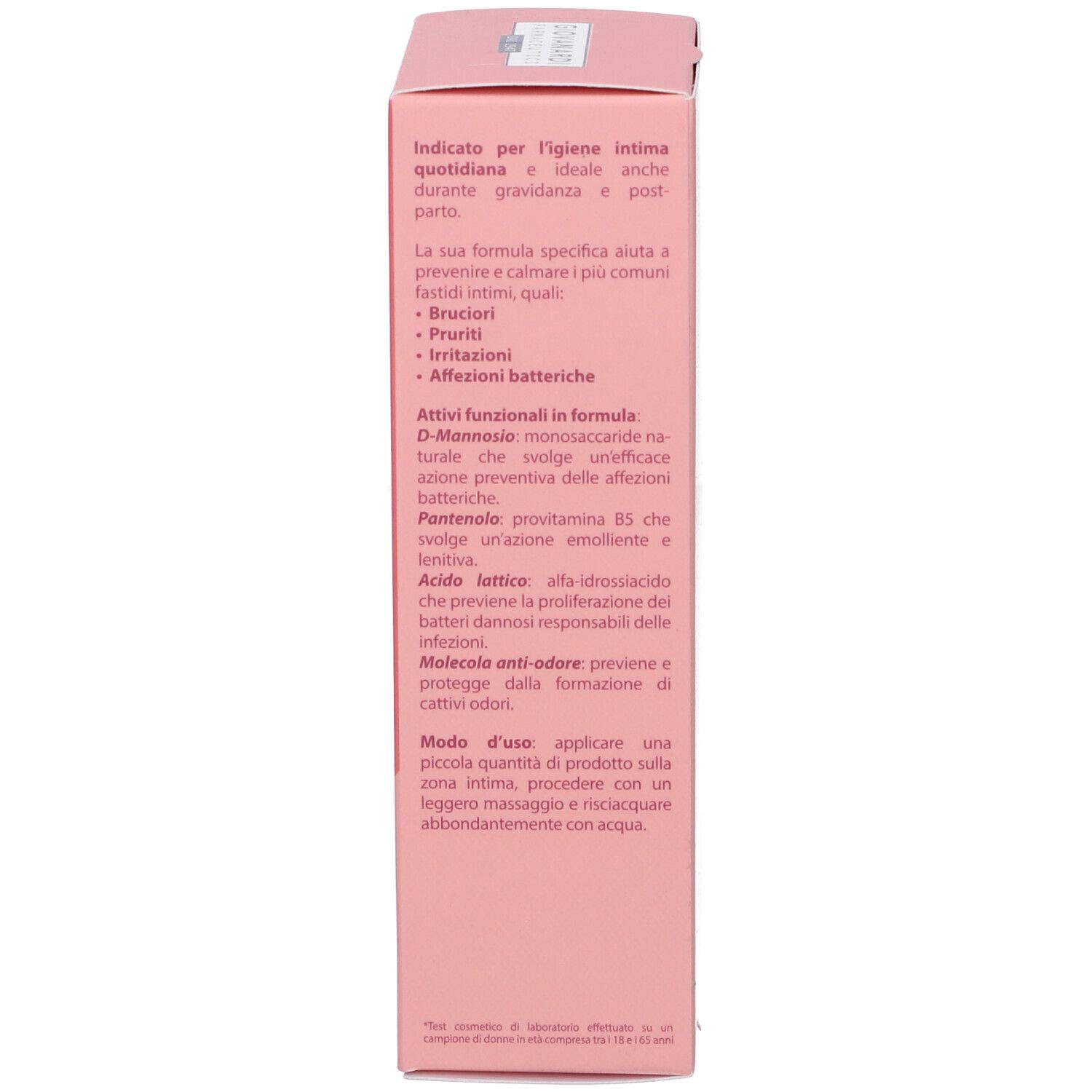 Lato della confezione rosa. Informazioni testuali, istruzioni per l'uso.