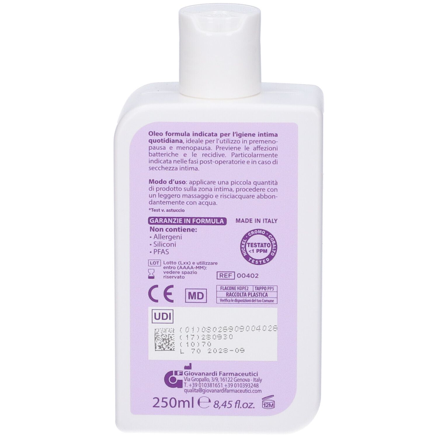 Retro del flacone. Giovanardi Farmaceutici. Testo, ingredienti, informazioni. Made in Italy. Marchio CE.