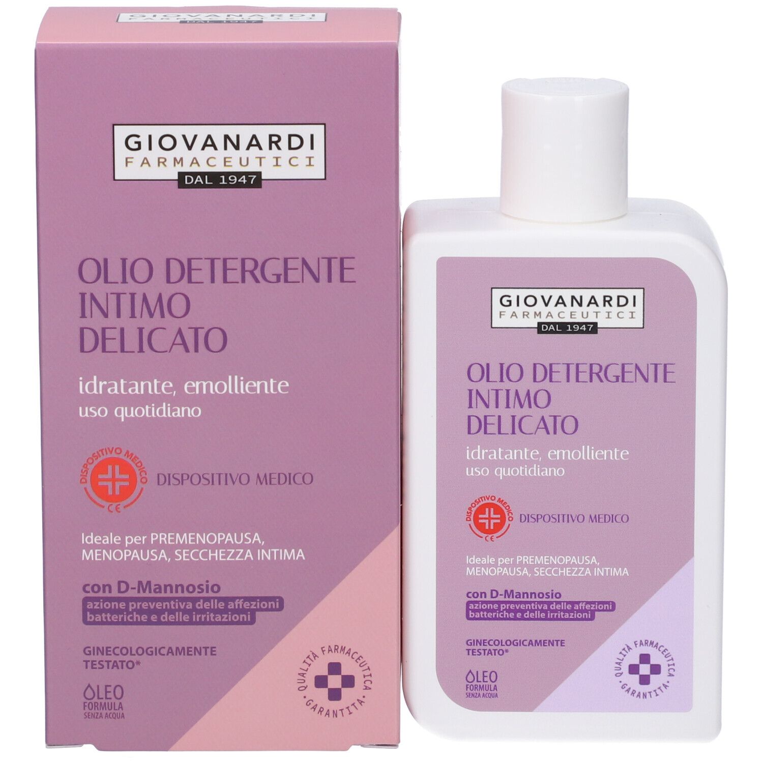 Prodotto e confezione. Giovanardi Farmaceutici Olio Detergente Intimo Delicato. Flacone e scatola. Testo, logo.