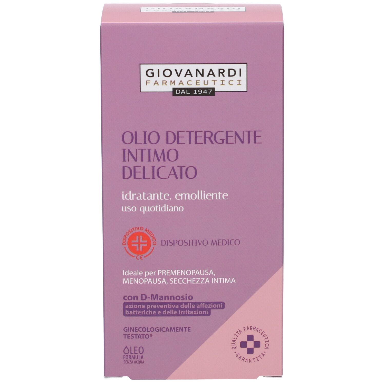Scatola Giovanardi Farmaceutici Olio Detergente Intimo Delicato. Lilla e rosa. Testo, logo, nome del prodotto.