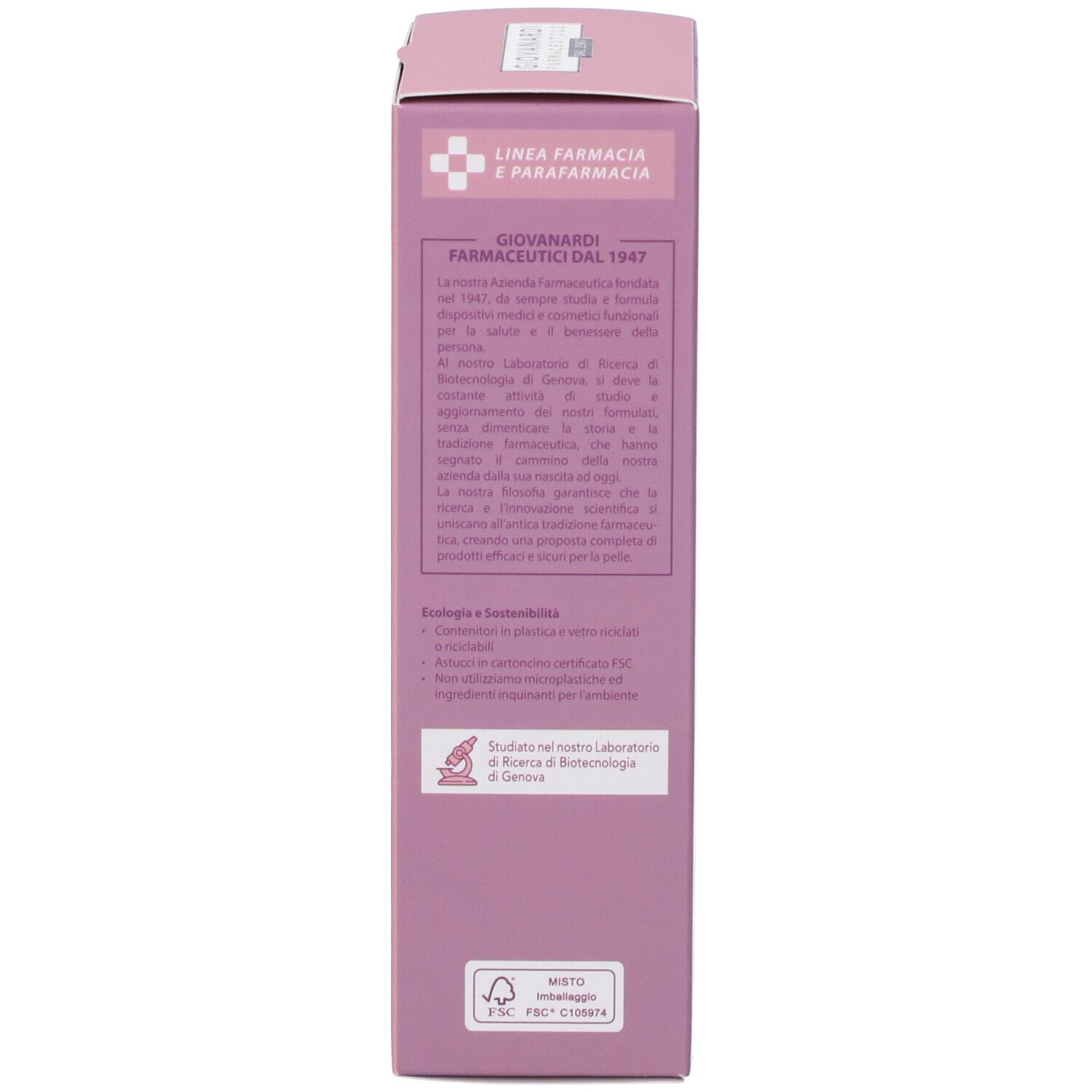 Lato della confezione. Giovanardi Farmaceutici. Testo, logo, informazioni. Certificazione FSC.