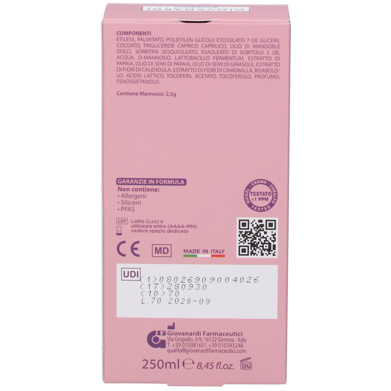 Retro della confezione. Giovanardi Farmaceutici. Ingredienti, informazioni, testo. Marchio CE.