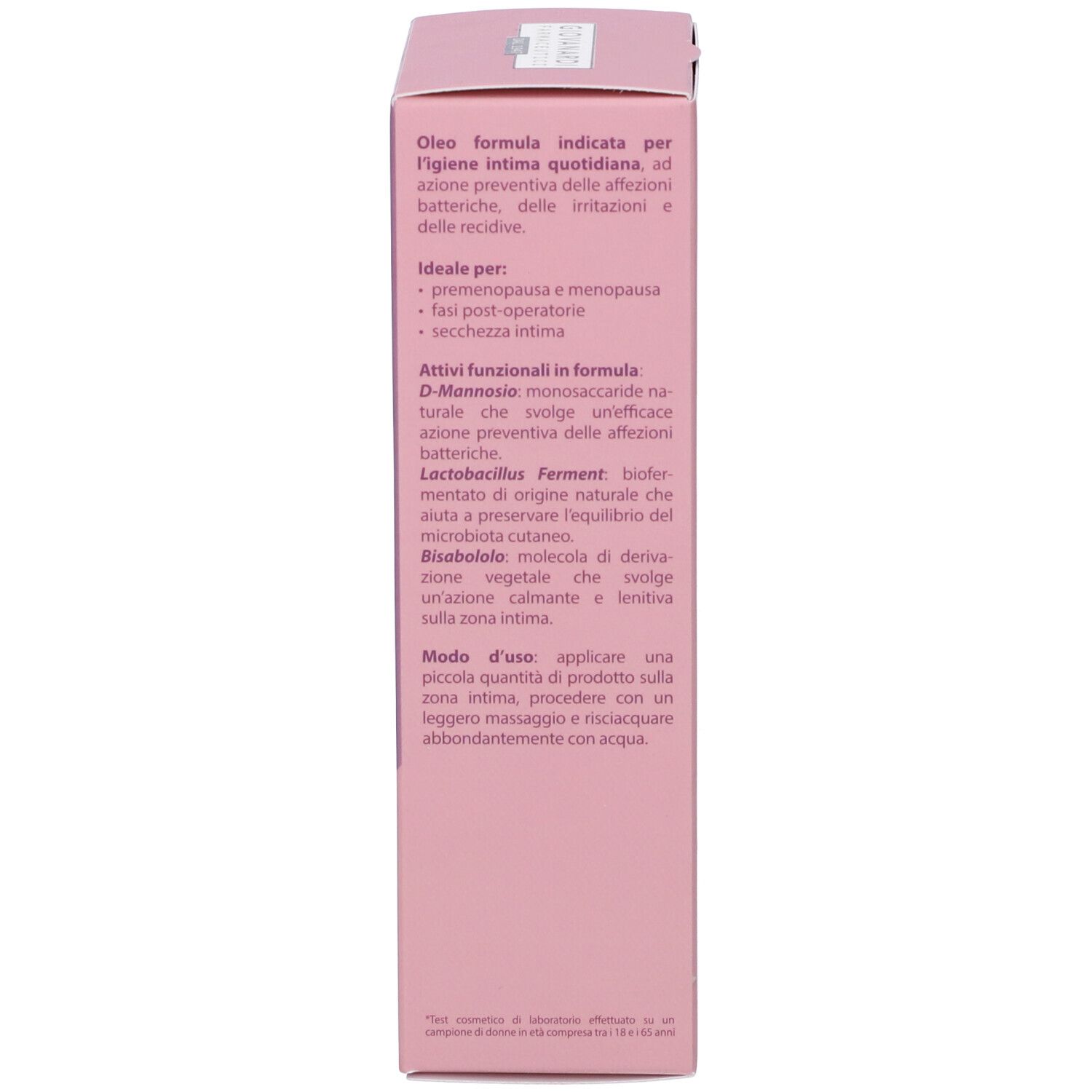 Lato della confezione. Giovanardi Farmaceutici. Testo, informazioni, istruzioni per l'uso. Nome del prodotto.