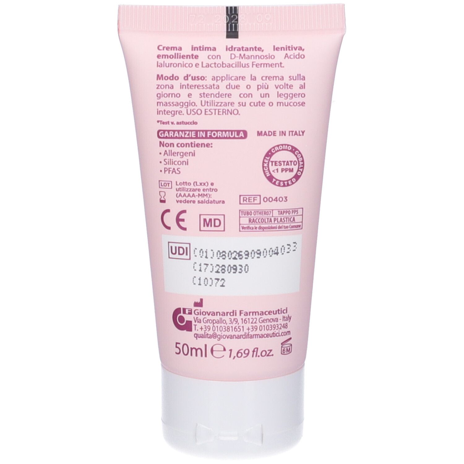 Retro del tubo rosa. Testo: Crema Intima, ingredienti, istruzioni per l'uso. Prodotto in Italia.