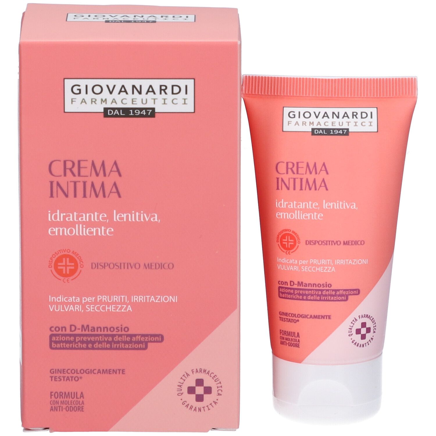 Scatola e tubo rosa. Nome prodotto: Crema Intima. Marchio: Giovanardi Farmaceutici. Dispositivo medico.