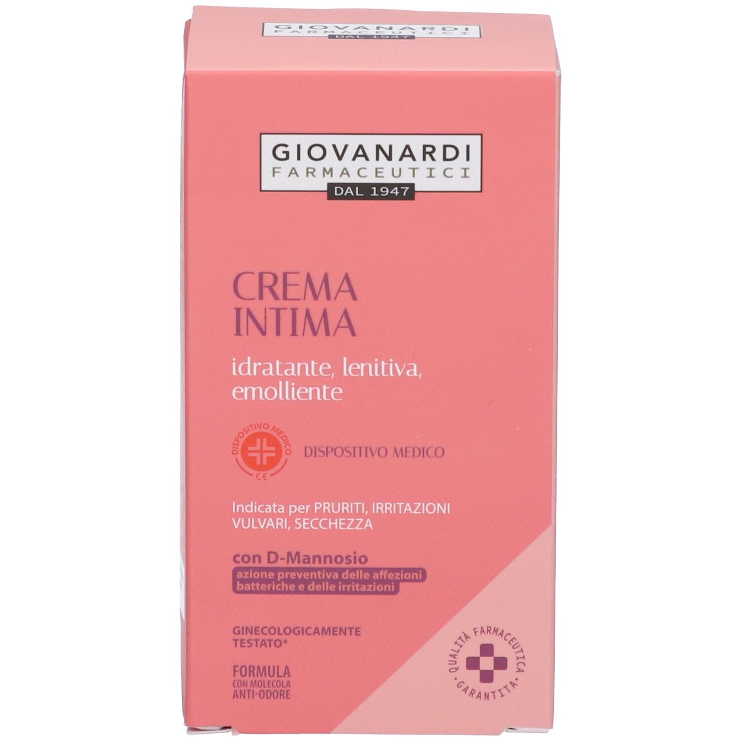 Scatola rosa. Nome prodotto: Crema Intima. Marchio: Giovanardi Farmaceutici. Dispositivo medico.