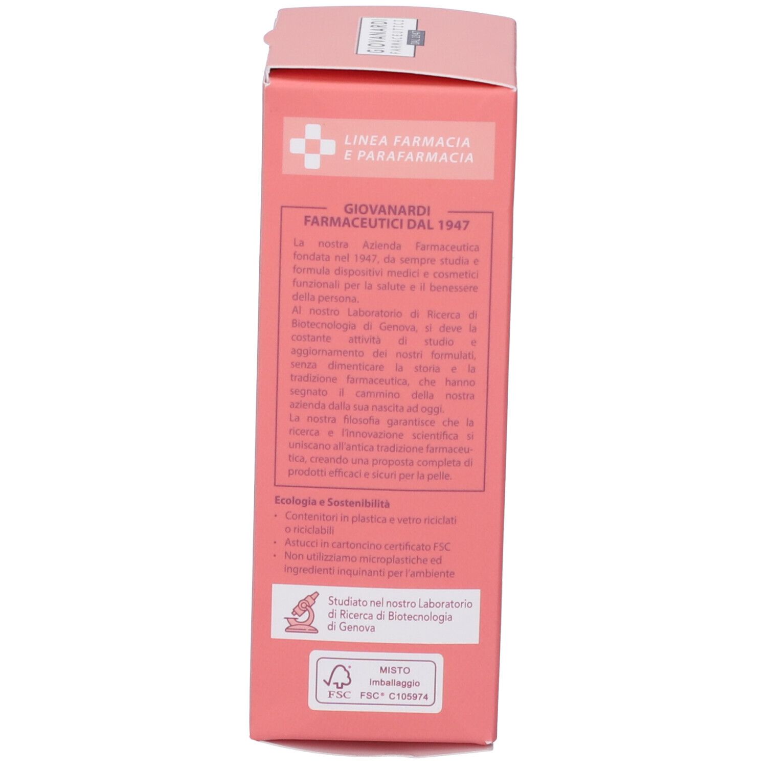 Retro della scatola rosa. Testo sull'azienda e la sostenibilità. Certificazione FSC.
