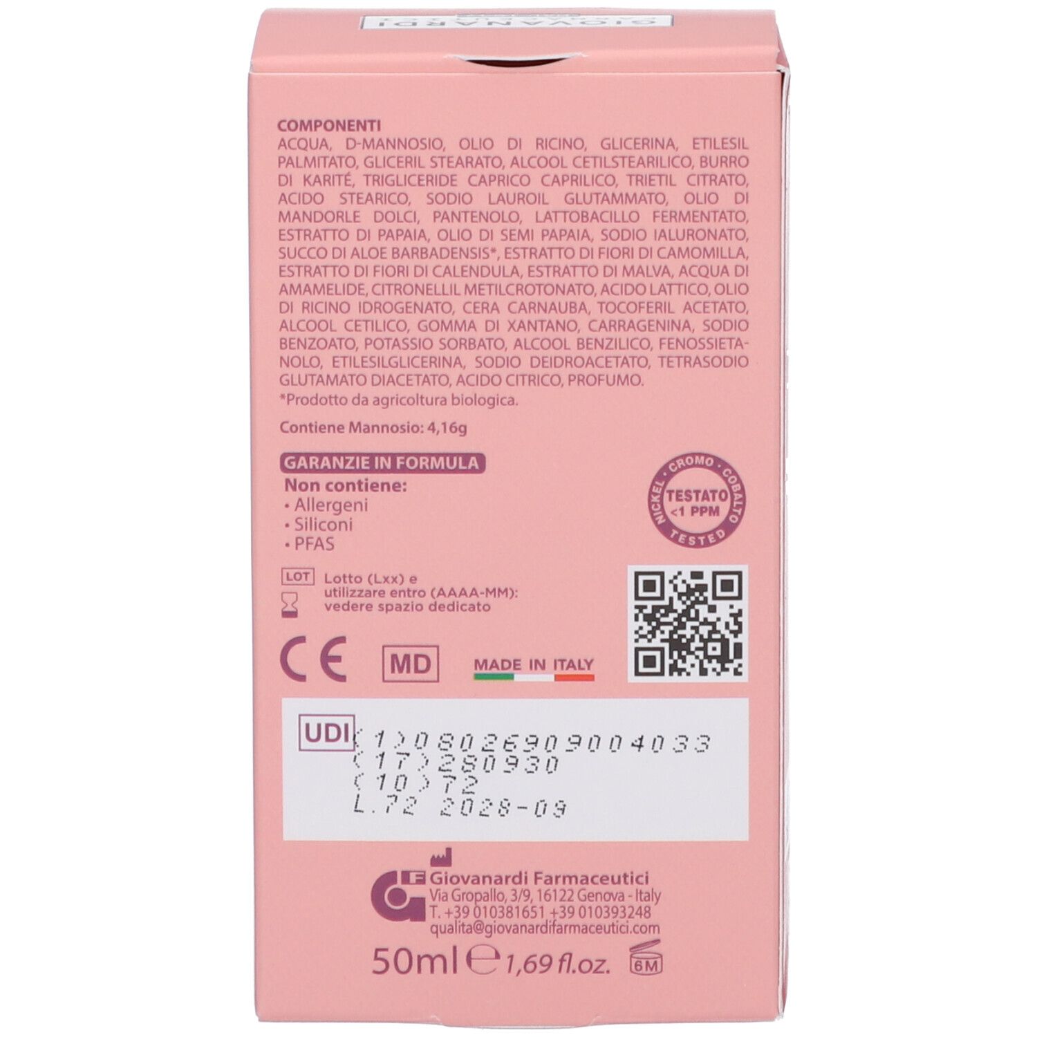 Lato della scatola rosa. Ingredienti, certificazioni, contatti. Prodotto in Italia.