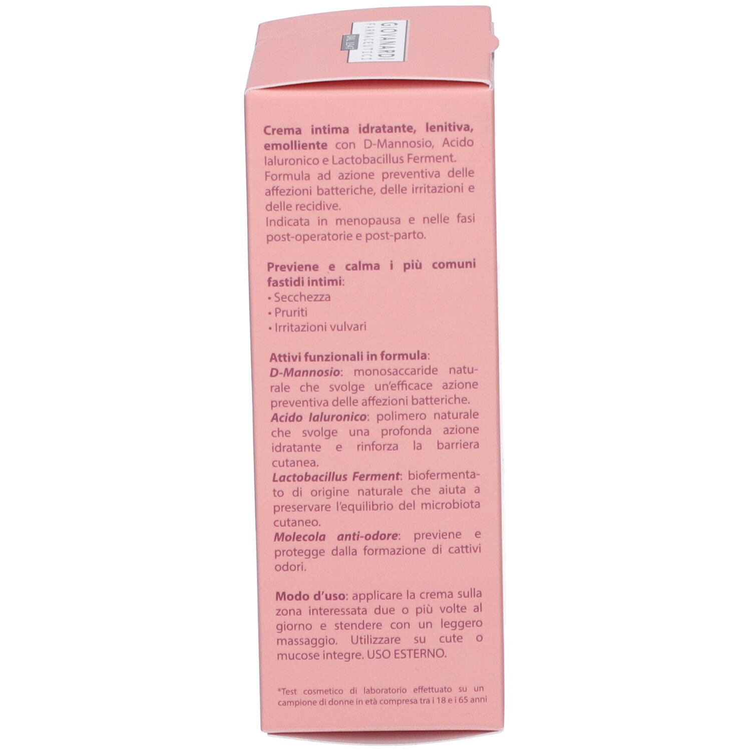 Lato della scatola rosa. Descrizione del prodotto, istruzioni per l'uso. Molecola anti-odore.