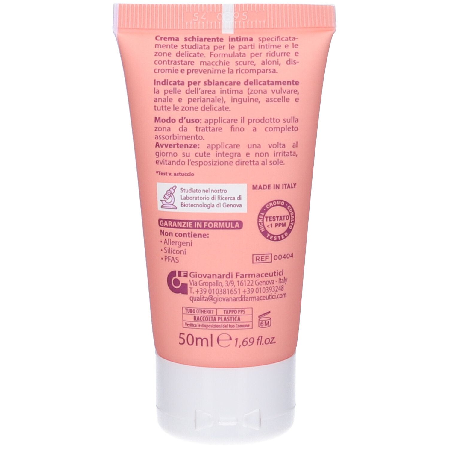 Retro di un tubo rosa. Testo: Crema schiarente intima, indicazioni, modo d'uso, avvertenze. Made in Italy. 50ml, 1,69 fl.oz.