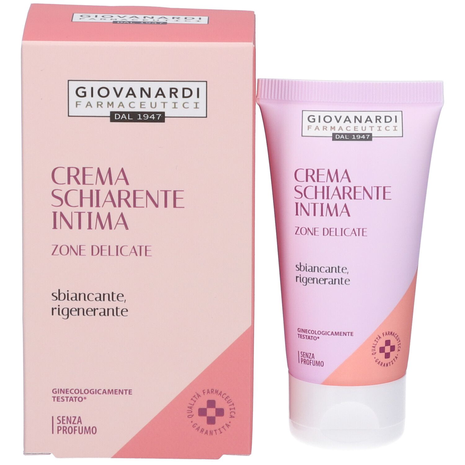 Confezione del prodotto. Scatola e tubo rosa. Testo: Giovanardi Farmaceutici, Crema Schiarente Intima, Zone Delicate, sbiacante, rigenerante. Senza profumo.