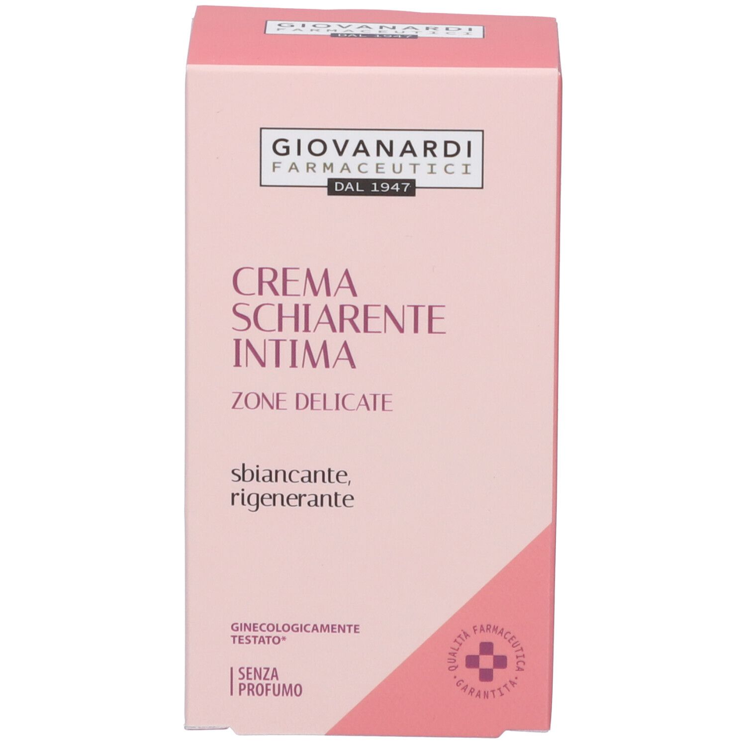 Scatola rosa. Testo: Giovanardi Farmaceutici, Crema Schiarente Intima, Zone Delicate, sbiacante, rigenerante. Senza profumo. Marchio di qualità.