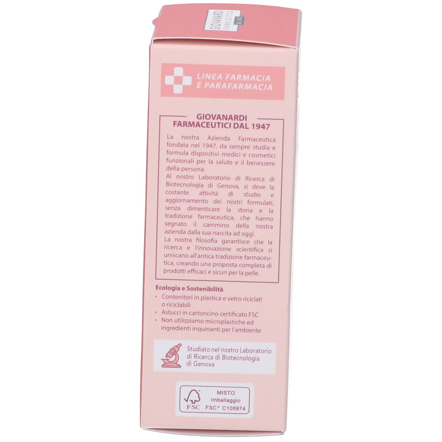Lato della scatola rosa. Testo: Giovanardi Farmaceutici, informazioni sull'azienda, ecologia e sostenibilità. Certificazione FSC.