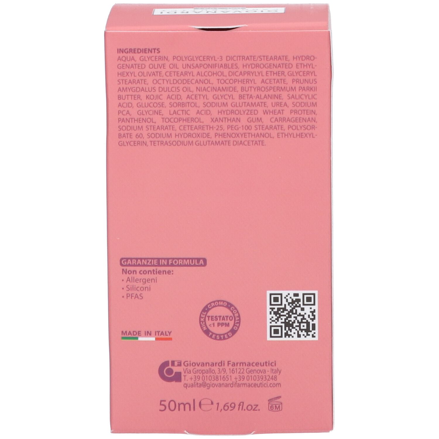 Lato della scatola rosa. Testo: Ingredienti, garanzia, Made in Italy. 50ml, 1,69 fl.oz. Codice QR.