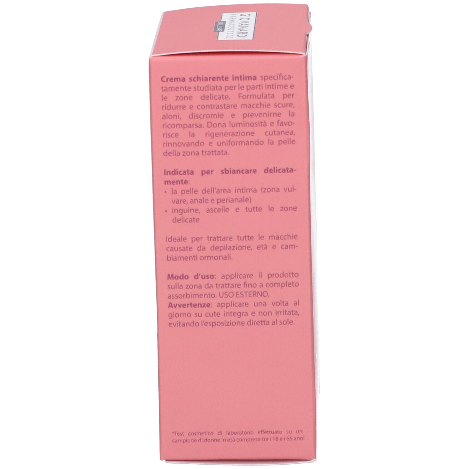 Lato della scatola rosa. Testo: Crema schiarente intima, modo d'uso, avvertenze. Marchio di qualità.